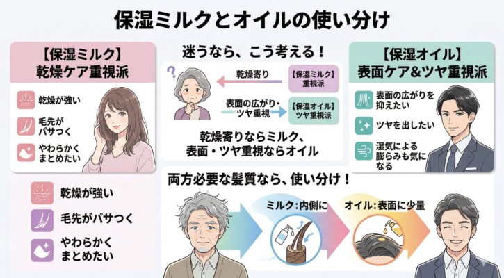 「保湿ミルクとオイルの使い分け」を解説した図解。乾燥ケア重視で柔らかくまとめたい人は保湿ミルク、表面の広がり抑制とツヤ重視の人は保湿オイルという基準をイラストで比較。両方必要な髪質へのアドバイスとして、内側にミルクを、表面に少量のオイルを塗布する具体的なステップをまとめています。