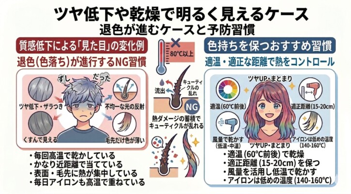 髪のツヤ低下や乾燥による見た目の変化と退色予防習慣を比較した図解。高温・近距離でのドライヤーやアイロンがキューティクルを乱し、くすみや不均一な光の反射を招くNG例を解説。対して、60℃前後の適温、15〜20cmの適正距離、低めのアイロン温度設定（140〜160℃）で熱をコントロールし、ツヤと色持ちを両立させる理想的な習慣を男女のイラストで示しています。