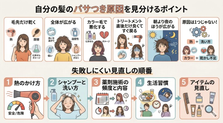 「自分の髪のパサつき原因を見分けるポイント」と「失敗しにくい見直しの順番」をまとめた図解。上段では毛先の乾燥や全体の広がりなど6つの症状から原因を分析し、下段では熱のかけ方、シャンプー、薬剤施術、生活習慣、アイテム選びの順で改善を進める5ステップをイラストで分かりやすく解説しています。