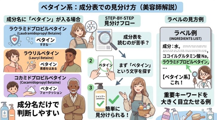 ベタイン系洗浄成分の成分表での見分け方を解説した図解。ラウラミドプロピルベタイン、ラウリルベタイン、コカミドプロピルベタインなど、名前に「ベタイン」と入る共通点を紹介しています。成分表の中から「ベタイン」の文字を探すステップバイステップの見分けフローや、ラベル例を用いた具体的な確認方法を、イラストで分かりやすくまとめています。