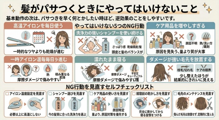 「髪がパサつくときにやってはいけないこと」をまとめた図解。高温アイロンの常用、洗浄力の強すぎるシャンプー、ケア用品の増やしすぎ、濡れたまま寝る、ダメージ毛先の放置という5つのNG行動をイラストで解説。下段には、アイロン温度やシャンプー選びなど、NG行動を改善するためのセルフチェックリストが掲載されています。