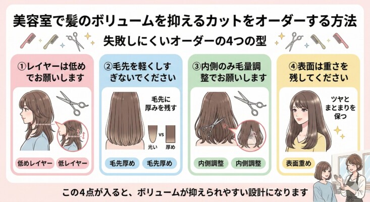 「美容室で髪のボリュームを抑えるカットをオーダーする方法」を4つの型で解説した図解。左から、①「レイヤーは低めで」、②「毛先を軽くしすぎないで（厚みを残す）」、③「内側のみ毛量調整で」、④「表面は重さを残して（ツヤを保つ）」という具体的なオーダー内容を、イラストとポイント解説でまとめています。