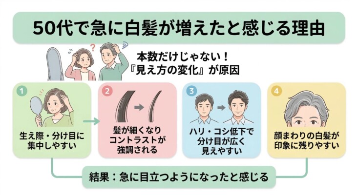 50代で急に白髪が増えたと感じる理由を図解した画像。鏡を見て悩む男女のイラストとともに、4つの要因(1.生え際や分け目への集中、2.髪が細くなりコントラストが強調される、3.ハリ・コシ低下で分け目が広く見える、4.顔まわりの印象)を説明しています。本数だけでなく「見え方の変化」によって急に目立つようになる仕組みを解説しています。