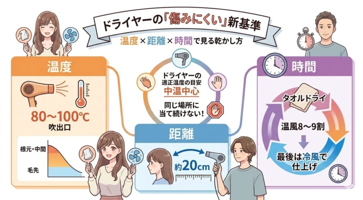 ドライヤーの「傷みにくい」乾かし方の新基準を図解。温度（吹出口80〜100℃、根元から毛先への温度変化）、距離（約20cm）、時間（タオルドライ、温風8〜9割、最後は冷風仕上げ）の3要素を解説しています。男女のイラストと共に、適正温度は中温中心で同じ場所に当て続けない等の重要ポイントをまとめた画像です。