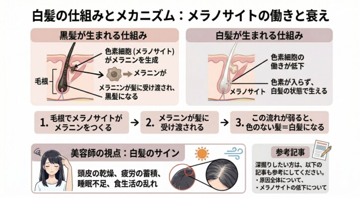 白髪の仕組みとメカニズムを解説した図解。上段で黒髪と白髪が生える仕組みを対比し、毛根にあるメラノサイトがメラニンを生成して髪に受け渡すプロセスを説明。この流れが弱まると白髪になると示しています。下段では美容師の視点として、頭皮の乾燥や生活習慣の乱れといった白髪のサインについても触れています。