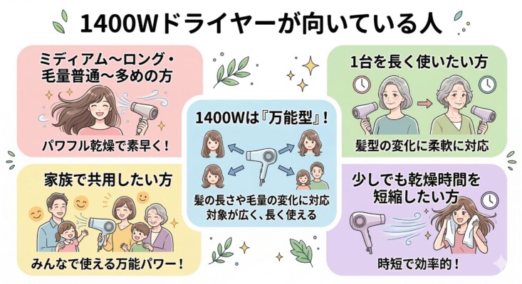 1400Wのドライヤーが向いている人を解説した図解。「ミディアム〜ロング・毛量多めの方」「家族で共用したい方」「1台を長く使いたい方」「乾燥時間を短縮したい方」の4パターンを紹介。1400Wは髪の長さや毛量の変化に柔軟に対応できる「万能型」であることを、様々な世代の人物イラストで表現した画像。