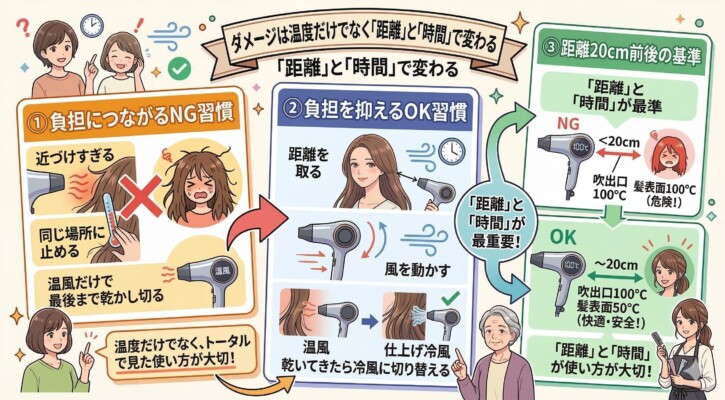 ドライヤーのダメージを抑える「距離」と「時間」のコツをまとめた図解。1.近づけすぎる、同じ場所に止める、温風のみで乾かすNG習慣、2.距離を取り、風を動かし、冷風で仕上げるOK習慣を対比。3.距離20cm前後を保つことで髪表面温度が100℃から50℃の安全圏に下がる仕組みをイラストで具体的に解説しています。