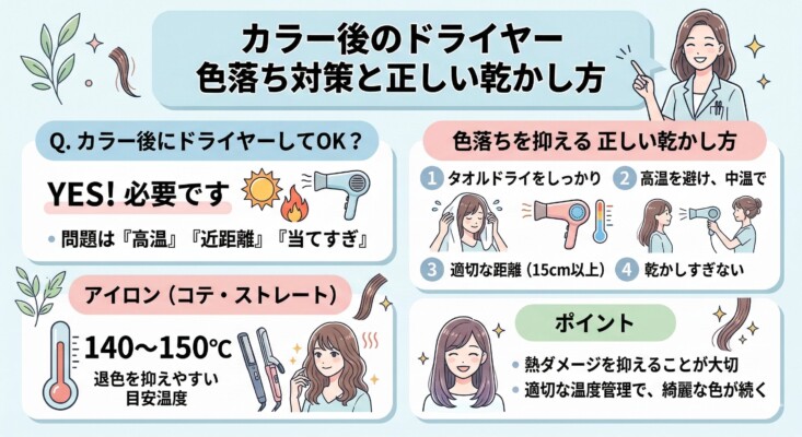 ヘアカラー後のドライヤー色落ち対策を解説した図解。カラー後のドライヤーは必須としつつ、高温・近距離・当てすぎを注意点として挙げています。正しい乾かし方として、タオルドライ、中温設定、15cm以上の距離、乾かしすぎ防止の4ステップを紹介。アイロンは140〜150℃を推奨し、熱ダメージを抑える重要性をまとめたイラスト付き画像です。