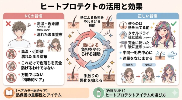 ヒートプロテクト剤の活用と効果をまとめた図解。剤を過信して高温・近距離で乾かす「NG習慣」に対し、熱を当てる前にタオルドライ後の髪や乾いた髪の中間から毛先へ適量をなじませる「正しい習慣」を比較。ヒートプロテクト剤はあくまで熱の負担を和らげる補助であることを伝え、手触りの悪化を抑え色持ちを向上させる重要性を男女のイラストで解説しています。