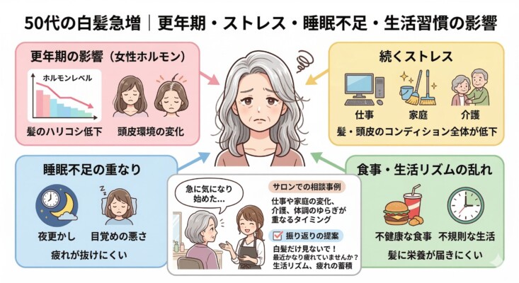 50代の白髪急増の原因をまとめた図解。中央で悩む女性を取り囲むように、更年期による女性ホルモン減少とハリコシ低下、仕事・家庭・介護のストレス、夜更かしなどの睡眠不足、不健康な食事や不規則な生活リズムといった4つの要因を解説。サロンでの相談事例として、体調のゆらぎや疲れの蓄積が白髪の目立ちに関係することを説明しています。