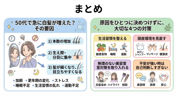50代の白髪急増に関するまとめ図解。左側には急に増えたと感じる要因として、本数の増加、生え際や分け目への集中、髪の細分化による目立ちやすさを記載。右側には大切な4つの対策として、生活習慣の調整、頭皮環境の見直し、美容室での適切な対策、不安な際の専門家相談を、イラストを交えて網羅的にまとめています。