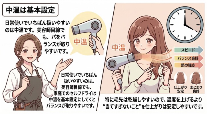 ドライヤーの「中温」が基本設定であることを解説した図解。美容師の女性がセルフドライでの中温の扱いやすさを推奨。右側では女性が中温で乾かす様子を描き、スピード・バランス・熱の強さが良好で、仕上がりの安定とまとまりにつながることを示しています。特に乾燥しやすい毛先は、温度を上げるより「当てすぎない」ことが重要だと解説されています。