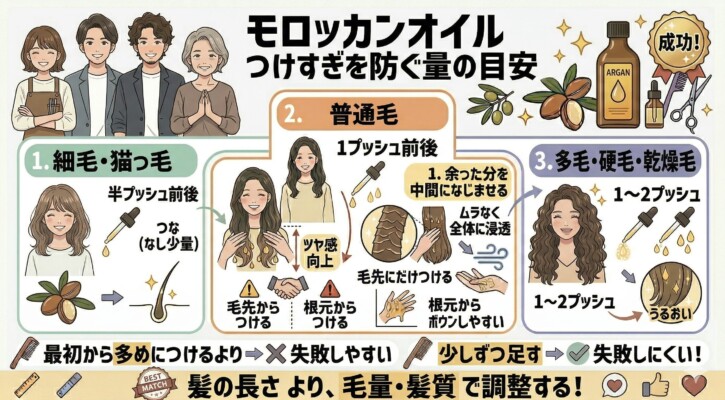 モロッカンオイルのつけすぎを防ぐ髪質別の使用量目安を解説した図解。1.細毛・猫っ毛（半プッシュ前後）、2.普通毛（1プッシュ前後）、3.多毛・硬毛・乾燥毛（1〜2プッシュ）と、適切な量をイラストで紹介。髪の長さよりも毛量や髪質に合わせて調整し、少しずつ足すことが失敗しないための重要なポイントであることを説明しています。