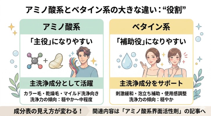 「アミノ酸系」と「ベタイン系」の界面活性剤の役割の違いを比較した図解。アミノ酸系は「主役」としてカラー毛や乾燥毛向けのマイルドな洗浄を担い、ベタイン系は「補助役」として刺激緩和や泡立ちの調整を行うといった特徴の違いをまとめています。成分表の見え方が変わるポイントや、主役とサポート役の関係性をイラストで分かりやすく解説しています。