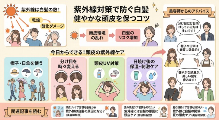 紫外線による白髪リスクと頭皮ケアを解説した図解。紫外線が頭皮の乾燥や酸化ダメージを招き、白髪のリスクを高める仕組みを説明しています。「今日からできる！頭皮の紫外線ケア」として、帽子・日傘の使用、分け目を時々変える、頭皮UVスプレー、日焼け後の保湿・刺激ケアといった具体的な対策をイラストで紹介しています。