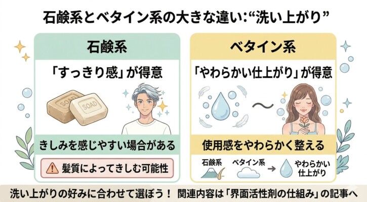 「石鹸系」と「ベタイン系」の界面活性剤の洗い上がりの違いを比較した図解。すっきり感が得意な石鹸系は髪質によってきしみを感じやすい一方、ベタイン系はやわらかい仕上がりが得意で使用感を整える役割があることを説明しています。石鹸系の洗浄力にベタイン系を組み合わせることで、やわらかい質感へ導く仕組みをイラストでまとめています。