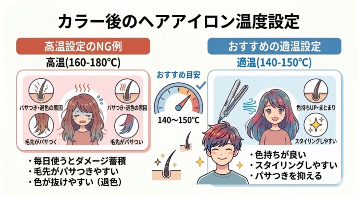 カラー後のヘアアイロン温度設定の比較図解。160〜180℃の高温設定は毛先のパサつきや退色の原因となるNG例として示し、140〜150℃の適温設定を推奨しています。適温で使うことで色持ちが良くなり、まとまりのあるスタイリングができるメリットを、男女のイラストと温度計のアイコンで分かりやすく解説しています。
