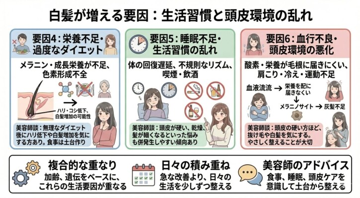 白髪が増える要因として「栄養不足・ダイエット」「睡眠不足・生活習慣」「血行不良・頭皮環境」の3点を解説した図解。メラニン不足や体の回復遅延、血流低下が毛根に与える影響をイラストで示しています。下部では、加齢や遺伝にこれらの生活要因が重なることを指摘し、食事・睡眠・頭皮ケアを日々少しずつ整えることの重要性を美容師がアドバイスしています。