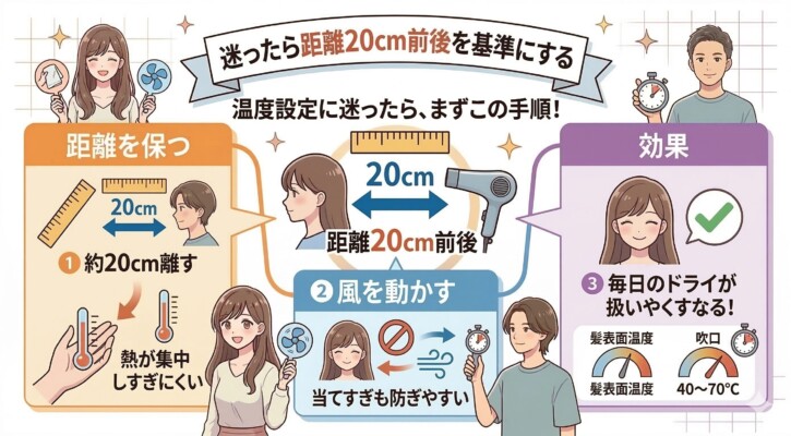 ドライヤーの適切な距離と手順を解説した図解画像。中心に「距離20cm前後」を基準とするよう大きく示し、1.約20cm離すことで熱集中を防ぐ、2.風を動かして当てすぎを防止する、3.毎日のドライが扱いやすくなる効果、という3ステップを記載。男女のイラストと共に、髪表面温度を40〜70℃に保つ重要性をまとめています。