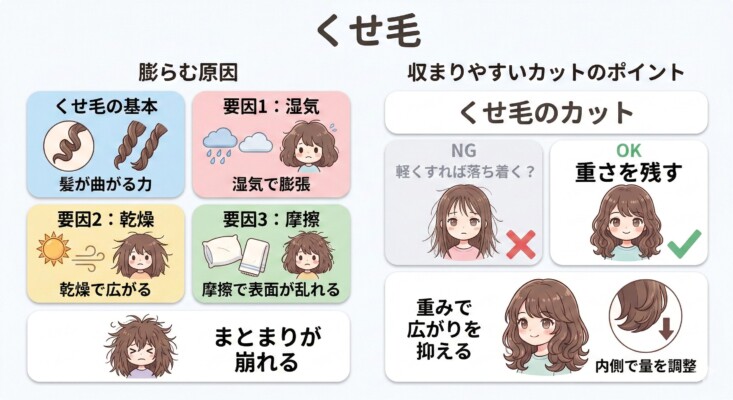 「くせ毛」による髪の広がりと対策を解説した図解。左側には膨らむ原因として、髪が曲がる力（くせ毛の基本）、湿気、乾燥、摩擦の4要素をイラストで紹介。右側には収まりやすいカットのポイントとして、軽くしすぎるNG例と、重さを残して広がりを抑えつつ内側で量を調整するOK例を比較して示しています。