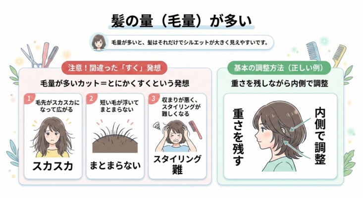 「髪の量（毛量）が多い」場合の対処法を解説した図解。左側に「間違った『すく』発想」として、毛先がスカスカになる、短い毛が浮く、スタイリングが難しくなるという失敗例を提示。右側に「基本の調整方法（正しい例）」として、表面に重さを残しながら内側で毛量を調整し、まとまりを作るテクニックをイラストで比較解説しています。
