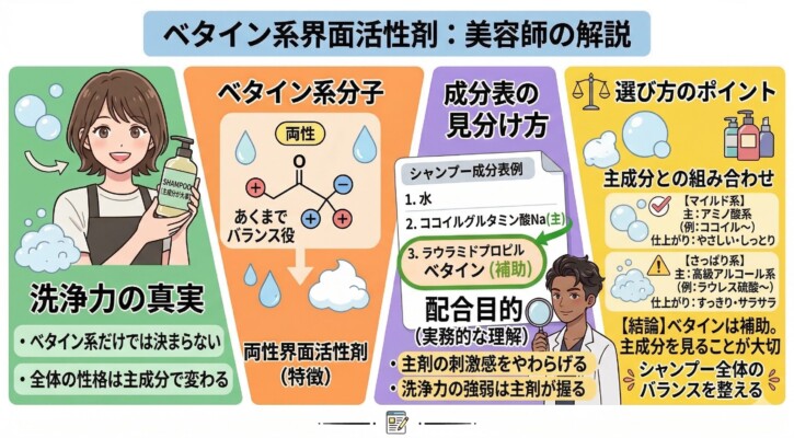 美容師によるベタイン系界面活性剤の解説図。ベタイン系はあくまで補助的な「バランス役」であり、シャンプー全体の性格は主成分(アミノ酸系や高級アルコール系)で決まることを説明しています。成分表での見分け方や、主剤の刺激を緩和し洗浄力を調整する配合目的など、正しい選び方のポイントをまとめた図解です。