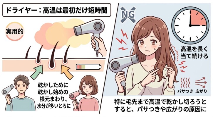 ドライヤーの高温使用に関する正しい知識の図解。左側は「実用的」な例として、乾かし始めの水分が多い根元周りに短時間高温を当てる様子を描写。右側は「NG」例として、高温を長く当て続ける女性のイラストを用い、特に毛先まで高温で乾かし切るとパサつきや広がりの原因になることを時計のアイコンと共に解説しています。