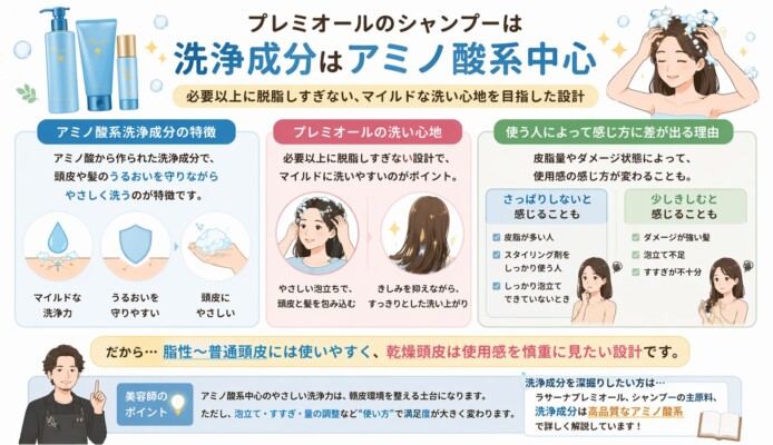 ラサーナ プレミオールの洗浄成分がアミノ酸系中心であることを解説する図解。うるおいを守りながら優しく洗う特徴や、脱脂しすぎないマイルドな洗い心地を説明しています。皮脂量やダメージ状態によって「さっぱりしない」「きしむ」と感じる場合があることも示し、脂性〜普通頭皮に使いやすく乾燥頭皮は慎重に選ぶべき設計であると伝えています。