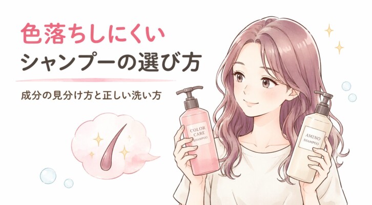 色落ちしにくいシャンプーの選び方を解説するアイキャッチ画像。ピンクがかった髪の女性が、左右の手に「COLOR CARE SHAMPOO」と「AMINO SHAMPOO」のボトルを持ち、穏やかに微笑んでいます。左側には成分の見分け方や正しい洗い方のテキストと、ツヤのある髪の毛のイラストが描かれた、美容ブログ向けの図解デザインです。