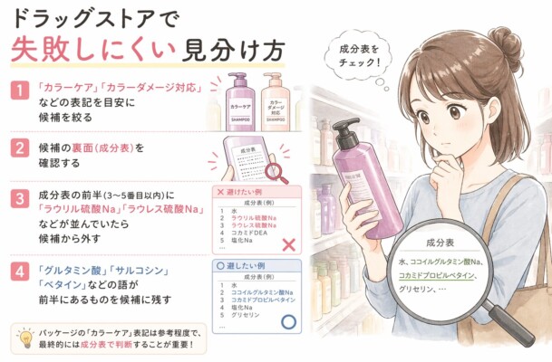 ドラッグストアでのシャンプー選びを4ステップで解説する図解。右側には店頭でボトルの成分表を真剣に確認する女性のイラストがあります。左側では、1.カラーケア表記で絞る、2.裏面の成分表を見る、3.硫酸系成分を避ける、4.グルタミン酸やベタイン系を選ぶ、という手順を説明。成分表示の具体例をルーペで拡大し、良し悪しを比較できるデザインです。