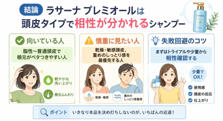 ラサーナ プレミオールの頭皮タイプ別相性解説図。「向いている人」は脂性〜普通頭皮で根元がペタつきやすい人、「慎重に見たい人」は乾燥・敏感頭皮でしっとり感を最優先する人と分類。失敗回避のコツとして、まずはトライアルで頭皮の反応や仕上がりを確認することを推奨し、いきなり本品を決め打ちしないのが近道だと示しています。