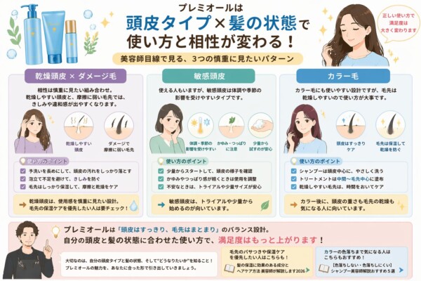 ラサーナ プレミオールの頭皮タイプと髪の状態による相性・使い方の解説図。「乾燥頭皮×ダメージ毛」「敏感頭皮」「カラー毛」の3つの慎重に見たいパターンを挙げています。予洗いの徹底、少量からの試用、トリートメントの塗布位置など、満足度を高めるための具体的な使い方のポイントや注意点が美容師目線で詳しく説明されています。