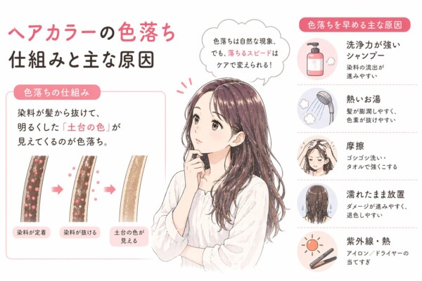 ヘアカラーの色落ちの仕組みと原因を解説する図解。中央に考え込む女性、左側に染料が抜けて「土台の色」が見える仕組みを段階別に示したイラストがあります。右側には「洗浄力が強いシャンプー」「熱いお湯」「摩擦」「濡れたまま放置」「紫外線・熱」といった色落ちを早める5つの主な原因がアイコン付きでリストアップされています。