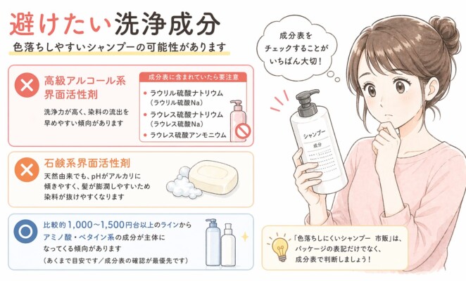 ヘアカラーの色落ちを防ぐために避けたい洗浄成分を解説する図解画像。右側には成分表を真剣に見つめる女性が描かれています。左側では、洗浄力が強く染料が抜けやすい「高級アルコール系界面活性剤（ラウリル硫酸Na等）」や、髪を膨潤させる「石鹸系界面活性剤」に注意を促しています。下部には、1,000〜1,500円以上の価格帯が成分選びの目安になることが補足されています。