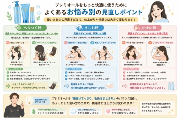 ラサーナ プレミオールを快適に使うための悩み別見直しポイントの図解。ベタつく時は「トリートメントを毛先中心にする」、きしむ時は「予洗いをしっかりし泡量を増やす」、かゆい時は「ぬるま湯でしっかりすすぐ」といった解決策をNG例とOK例で比較。美容師のアドバイスとして、ちょっとした使い方の工夫で頭皮のすっきり感と毛先のまとまりが変わることが解説されています。