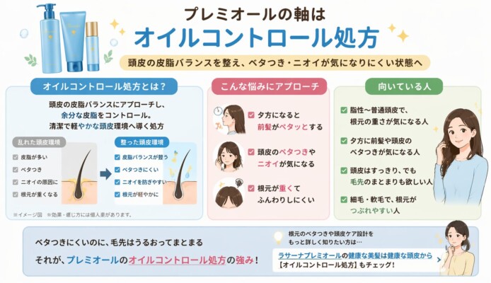 美容師によるラサーナ プレミオールの特徴解説図解。3つのポイントとして、頭皮の汚れやベタつきにアプローチする「頭皮ケア発想」、トップはふんわり毛先はしなやかにまとまる「絶妙なバランス設計」、脂性〜普通頭皮の人ほど満足しやすい「頭皮タイプとの相性」が挙げられています。重保湿型よりも、根元を軽く毛先を補いたい人に適した設計であることが説明されています。