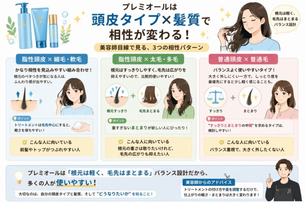 ラサーナ プレミオールの頭皮タイプと髪質による相性解説の図解。「脂性頭皮×細毛・軟毛」は根元がふんわりしやすく、「脂性頭皮×太毛・多毛」は根元すっきり毛先まとまるバランス、「普通頭皮×普通毛」はバランス良く外れにくいと説明。根元は軽く毛先はまとまる設計により、幅広い層が使いやすい製品であることを美容師目線で解説しています。