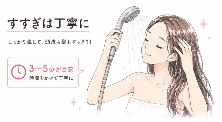 シャンプー後の丁寧なすすぎ方を解説する図解画像。シャワーを頭部に当てて、心地よさそうに髪を流す女性のイラストが大きく描かれています。左側には「すすぎは丁寧に」「しっかり流して、頭皮も髪もすっきり！」というテキストとともに、時間をかけて丁寧に行う目安として「3〜5分が目安」という時計のアイコン付きカードが配置されています。