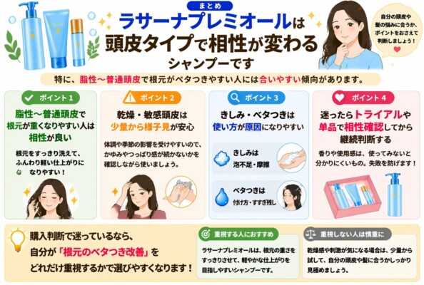 ラサーナ プレミオールのまとめ図解。脂性〜普通頭皮で根元が重くなりやすい人と相性が良く、すっきり洗えてふんわり軽い仕上がりになります。乾燥・敏感頭皮は少量からの試用を推奨し、きしみやベタつきは使い方の改善で解消できることを説明。購入判断のポイントとして、根元のベタつき改善をどれだけ重視するかで選ぶべきだと結論付けています。