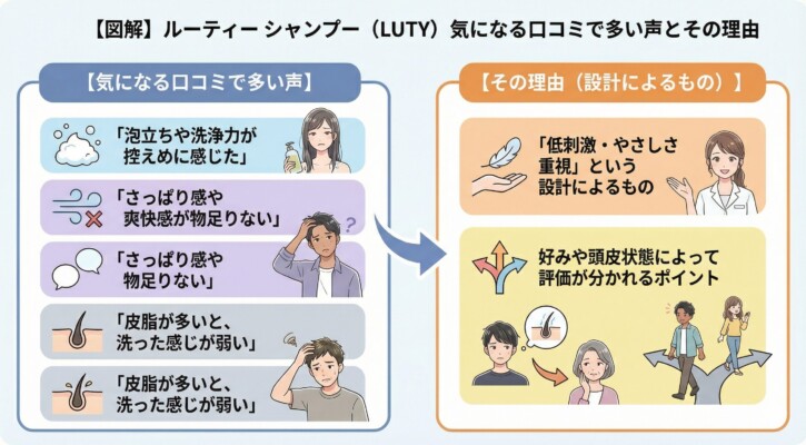 ルーティー（LUTY）シャンプーの気になる口コミとその理由を解説した図解。左側には「泡立ちや洗浄力が控えめ」「さっぱり感や爽快感が物足りない」「皮脂が多いと洗った感じが弱い」といったネガティブな声を掲載。右側ではその理由として、低刺激でやさしさを重視した設計であることや、好みや頭皮状態によって評価が分かれるポイントであることをイラストで分かりやすくまとめています。