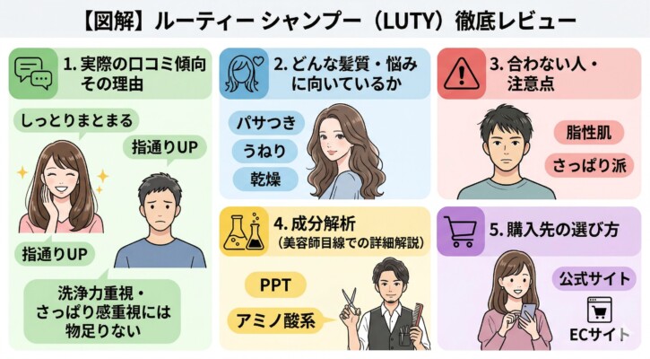 ルーティー（LUTY）シャンプーの徹底レビュー図解。実際の口コミとして「しっとりまとまる」「指通りUP」という高評価の一方で、洗浄力重視派には物足りない点を紹介。パサつきやうねりに悩む人向けで、PPTやアミノ酸系成分を配合。脂性肌の人への注意点や公式サイト・ECサイトでの購入方法を5つのパネルで解説しています。