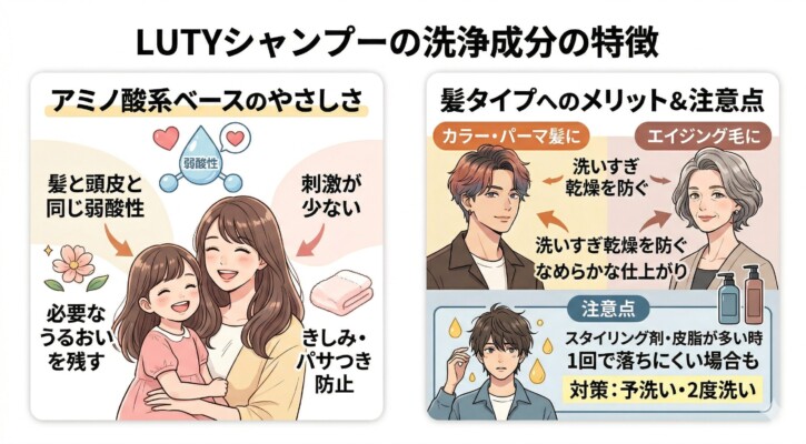 LUTYシャンプーの洗浄成分の特徴をまとめた図解。左側ではアミノ酸系ベースの弱酸性による低刺激性とうるおい保持、きしみ防止を親子が寄り添うイラストで表現。右側ではカラー・パーマ髪やエイジング毛へのメリットに加え、スタイリング剤が多い時の注意点と予洗い・2度洗いの対策を男女のイラストで解説しています。