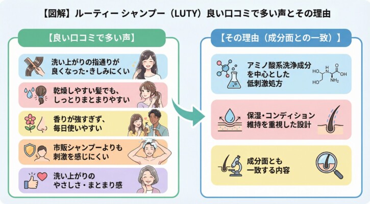 ルーティー（LUTY）シャンプーの良い口コミとその理由をまとめた図解。左側には「指通りが良い」「乾燥髪もしっとりまとまる」「香りが使いやすい」「低刺激」「洗い上がりのやさしさ」という5つの高評価な声を、右側にはその理由として「アミノ酸系洗浄成分の低刺激処方」「保湿・コンディション維持重視の設計」であることを、イラストと成分データを用いて論理的に解説しています。
