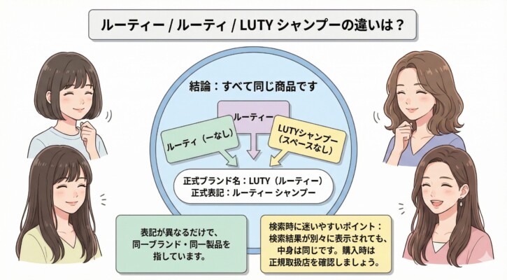 ルーティーシャンプーの名称や表記の違いを解説した図解。「ルーティー」「ルーティ」「LUTY」など複数の表記があるものの、すべて同一ブランド・同一製品であることを中央の円グラフと矢印で示しています。正式ブランド名はLUTY、正式表記はルーティーシャンプーであり、検索結果が分かれていても中身は同じであるため、正規取扱店での購入を推奨する内容です。