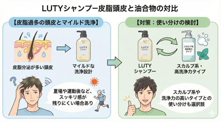 30代以降の髪質変化に悩む女性に向けた、LUTYシャンプーの日常ケア図解。ホルモンバランスの変化による「乾燥・扱いにくさ」に対し、必要なうるおいを残して乾燥を防ぐ「うるおいケア設計」を提案。劇的な変化ではなく、使い続けることでコンディションを安定させる、大人の髪に無理のない選択肢であることを3枚のカード形式で解説しています。