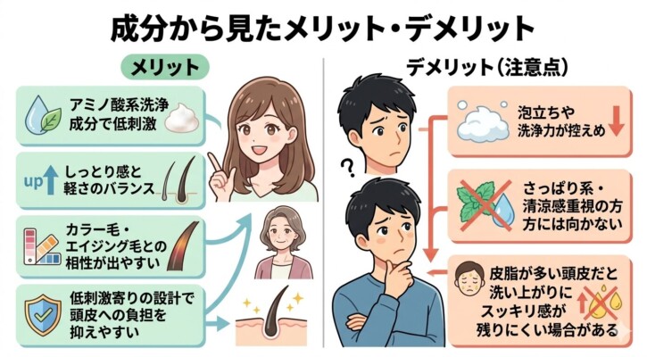 シャンプーの成分から見たメリットとデメリット（注意点）を左右で比較した図解。左側は女性とシニア女性のイラストを交え、アミノ酸系洗浄成分による低刺激、しっとり感、カラー・エイジング毛との相性、頭皮への負担軽減を解説。右側は悩む男性のイラストと共に、泡立ちや洗浄力の控えめさ、さっぱり系を好む方や皮脂が多い頭皮への注意点をまとめています。