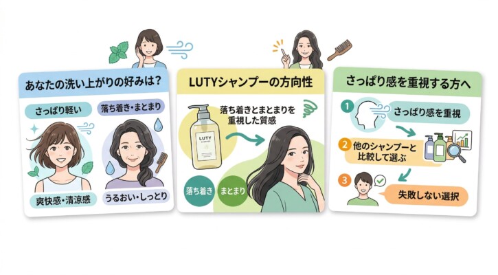 シャンプーの洗い上がりの好みとLUTYシャンプーの方向性を解説した図解。「さっぱり軽い」派と「落ち着き・まとまり」派の比較、LUTYが落ち着きとまとまりを重視した質感であること、そしてさっぱり感を重視する人が失敗しないための選び方のステップを、女性のイラストと共に3つのパネルで紹介しています。
