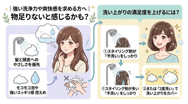 強い洗浄力を求める人が低刺激シャンプーに物足りなさを感じる理由と解決策の図解。泡立ちやスッキリ感が控えめな点に対し、しっかりとした「予洗い」や「2度洗い」を取り入れることで、髪と頭皮への優しさを保ちつつ洗い上がりの満足度をアップさせる手順を、悩む女性と解決後の笑顔のイラストで解説しています。