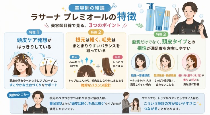美容師によるラサーナ プレミオールの特徴解説図解。3つのポイントとして、頭皮の汚れやベタつきにアプローチする「頭皮ケア発想」、トップはふんわり毛先はしなやかにまとまる「絶妙なバランス設計」、脂性〜普通頭皮の人ほど満足しやすい「頭皮タイプとの相性」が挙げられています。重保湿型よりも、根元を軽く毛先を補いたい人に適した設計であることが説明されています。