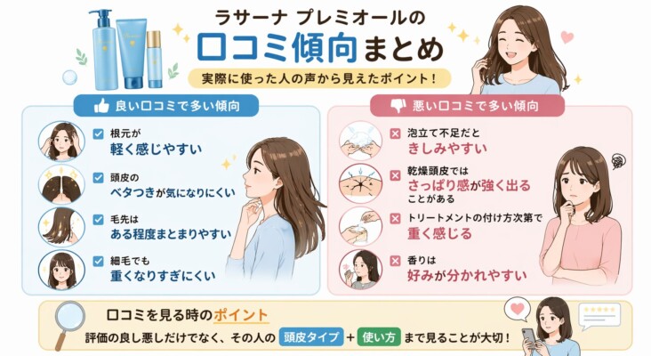 ラサーナ プレミオールの口コミ傾向をまとめた比較図解。良い口コミでは「根元が軽く感じやすい」「頭皮のベタつきが気になりにくい」などの声があり、悪い口コミでは「乾燥頭皮ではさっぱり感が強く出る」「香りの好みが分かれる」などの傾向が示されています。口コミを見る時は評価だけでなく、頭皮タイプと使い方も確認することが大切だと解説しています。